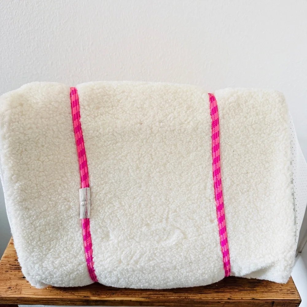 Anthropologie Annie Faux Sherpa Tote Bag in Crema with Pink Cord Handle